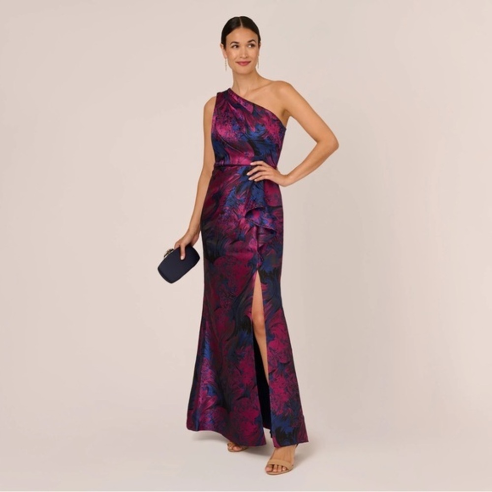 Adrianna Papell One Shoulder Jacquard Mermaid Gown in Navy Orchid